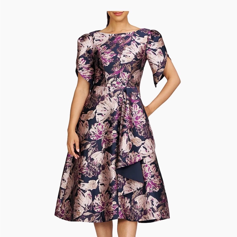 Kay Unger Natasha Floral Metallic Jacquard Tulip Sleeve Midi Dress